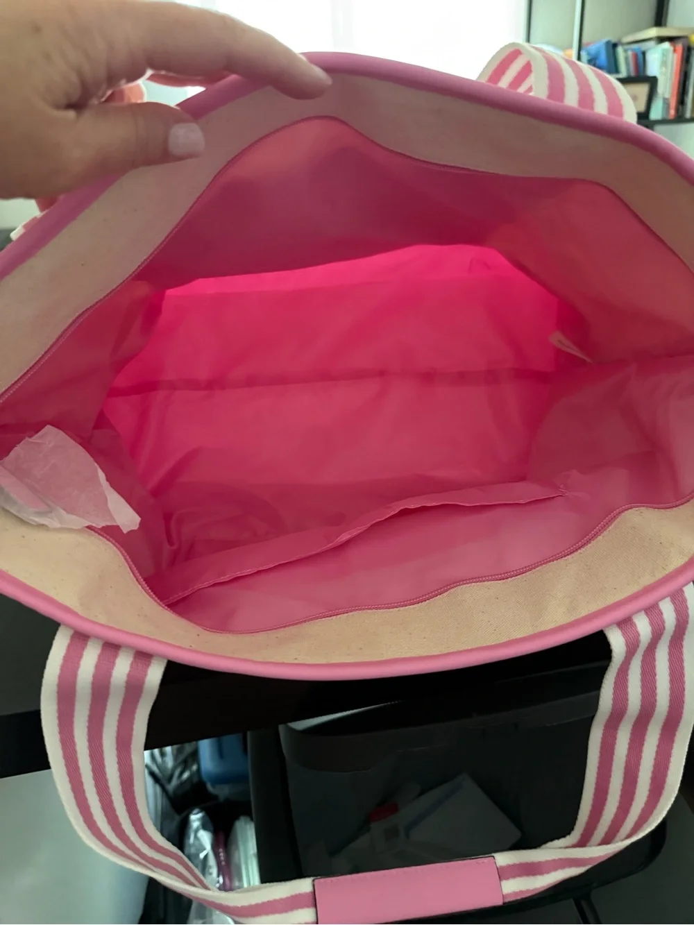 Victoria's Secret NWT pink and cream canvas tote bag with pink striped trim.